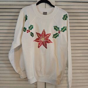 Vintage Hanes Christmas Sweatshirt Sequin Poinsettia & Holly Handmade Large